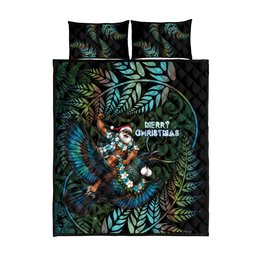 New Zealand Christmas Quilt Bed Set Santa Riding Tui Bird Silver Fern
