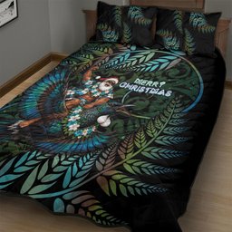 New Zealand Christmas Quilt Bed Set Santa Riding Tui Bird Silver Fern