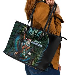 New Zealand Christmas Leather Tote Bag Santa Riding Tui Bird Silver Fern