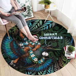 New Zealand Christmas Round Carpet Santa Riding Tui Bird Silver Fern