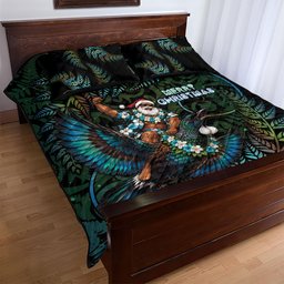 New Zealand Christmas Quilt Bed Set Santa Riding Tui Bird Silver Fern