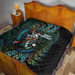 New Zealand Christmas Quilt Santa Riding Tui Bird Silver Fern