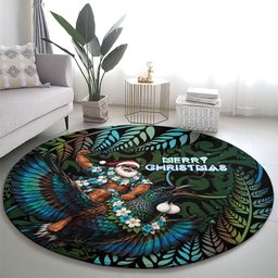 New Zealand Christmas Round Carpet Santa Riding Tui Bird Silver Fern