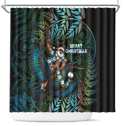 New Zealand Christmas Shower Curtain Santa Riding Tui Bird Silver Fern