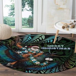 New Zealand Christmas Round Carpet Santa Riding Tui Bird Silver Fern