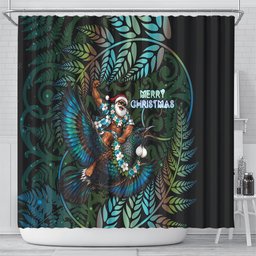 New Zealand Christmas Shower Curtain Santa Riding Tui Bird Silver Fern