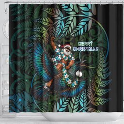 New Zealand Christmas Shower Curtain Santa Riding Tui Bird Silver Fern
