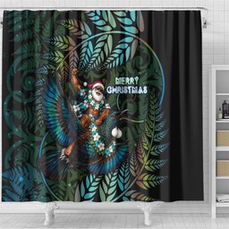 New Zealand Christmas Shower Curtain Santa Riding Tui Bird Silver Fern