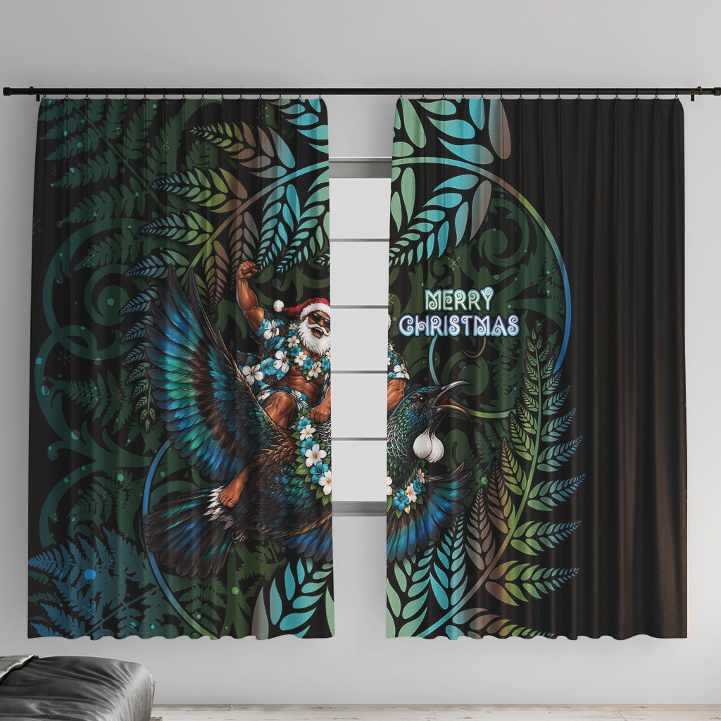 New Zealand Christmas Window Curtain Santa Riding Tui Bird Silver Fern