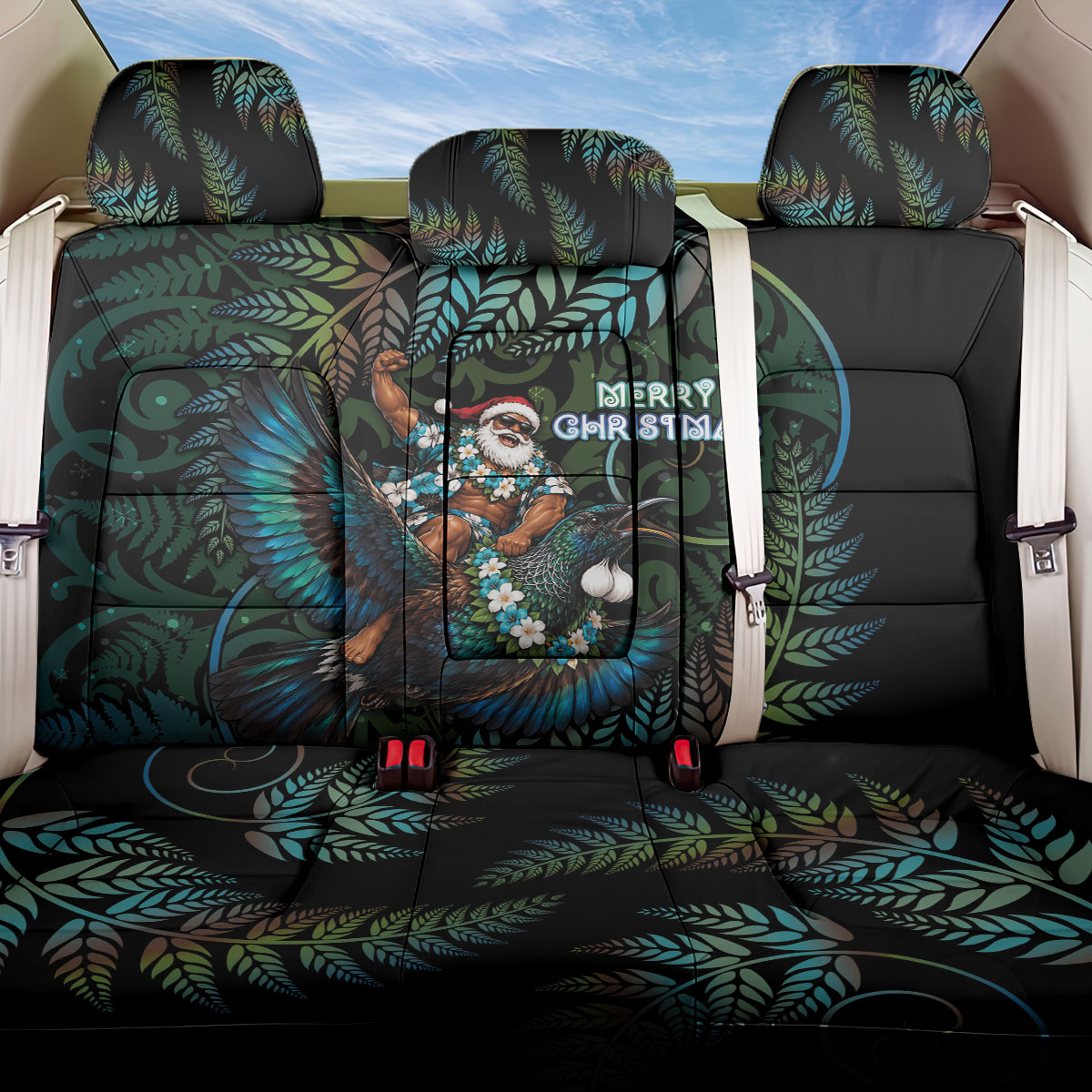 New Zealand Christmas Back Car Seat Cover Santa Riding Tui Bird Silver Fern