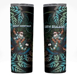 New Zealand Christmas Skinny Tumbler Santa Riding Tui Bird Silver Fern