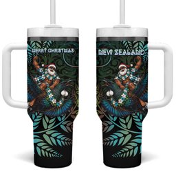 New Zealand Christmas Tumbler With Handle Santa Riding Tui Bird Silver Fern