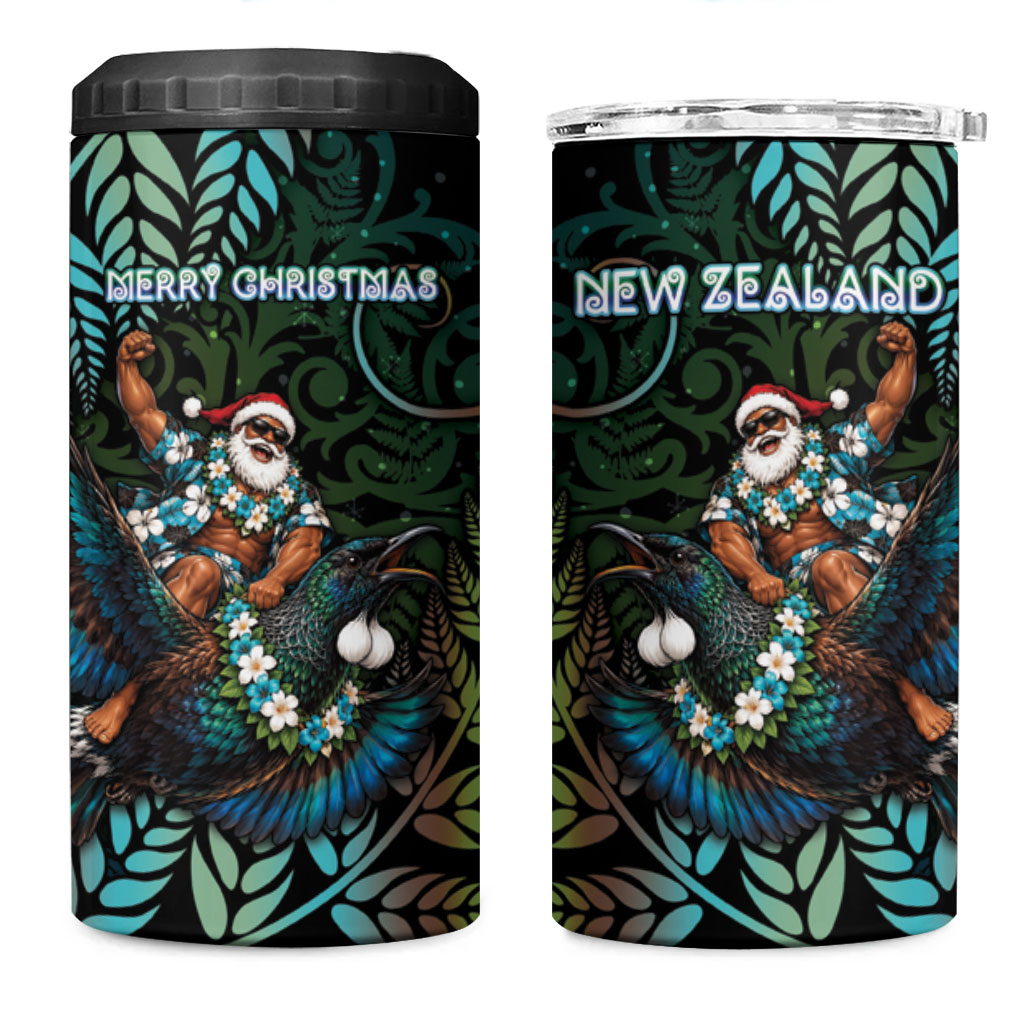 New Zealand Christmas 4 in 1 Can Cooler Tumbler Santa Riding Tui Bird Silver Fern