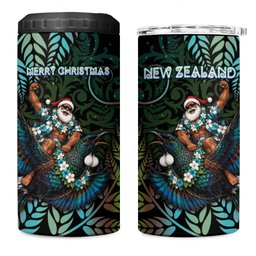 New Zealand Christmas 4 in 1 Can Cooler Tumbler Santa Riding Tui Bird Silver Fern