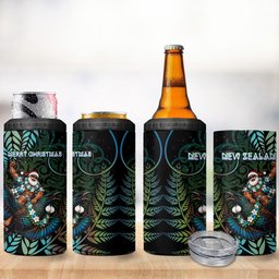 New Zealand Christmas 4 in 1 Can Cooler Tumbler Santa Riding Tui Bird Silver Fern