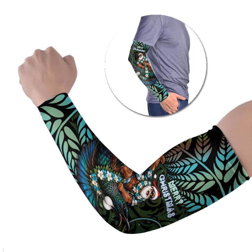 New Zealand Christmas Arm Sleeves Santa Riding Tui Bird Silver Fern