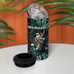 New Zealand Christmas 4 in 1 Can Cooler Tumbler Santa Riding Tui Bird Silver Fern