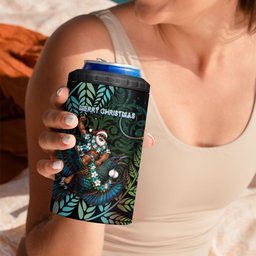 New Zealand Christmas 4 in 1 Can Cooler Tumbler Santa Riding Tui Bird Silver Fern