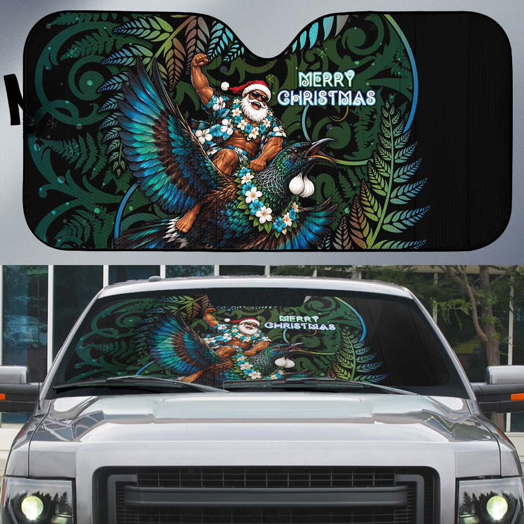 New Zealand Christmas Auto Sun Shade Santa Riding Tui Bird Silver Fern