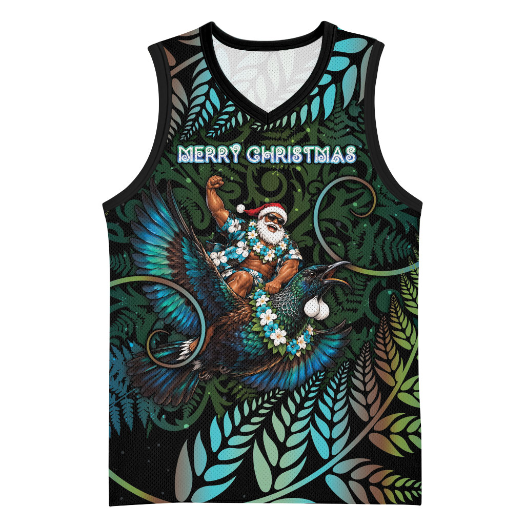 New Zealand Christmas Basketball Jersey Santa Riding Tui Bird Silver Fern