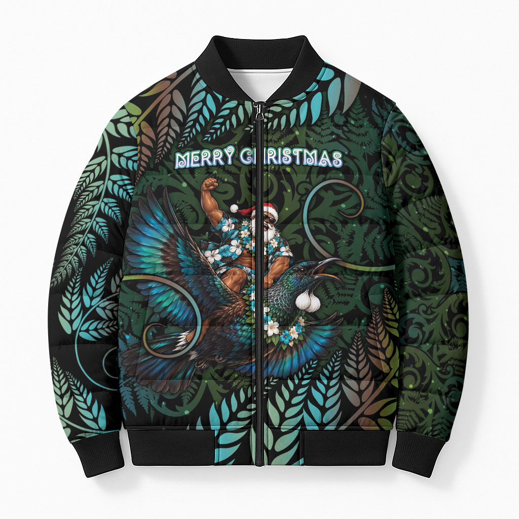 New Zealand Christmas Bomber Puffer Jacket Santa Riding Tui Bird Silver Fern