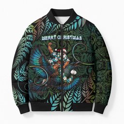 New Zealand Christmas Bomber Puffer Jacket Santa Riding Tui Bird Silver Fern