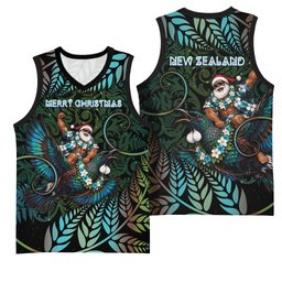 New Zealand Christmas Basketball Jersey Santa Riding Tui Bird Silver Fern