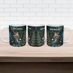 New Zealand Christmas Ceramic Mug Santa Riding Tui Bird Silver Fern