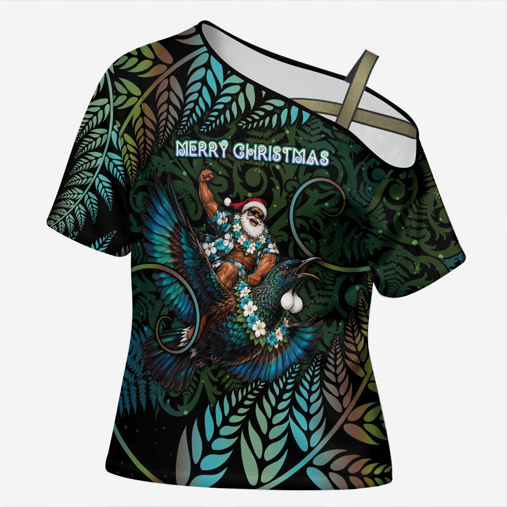 New Zealand Christmas Cross Shoulder Shirt Santa Riding Tui Bird Silver Fern