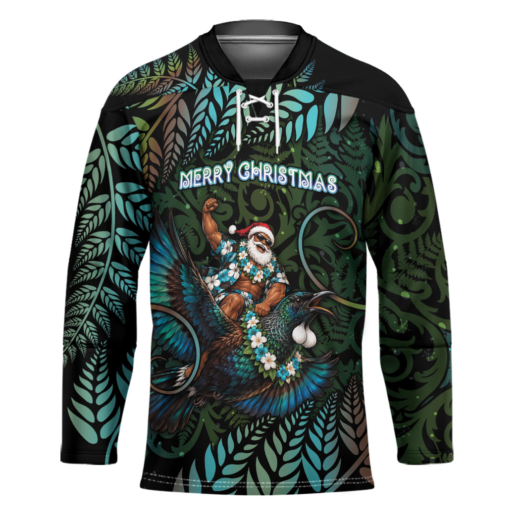 New Zealand Christmas Hockey Jersey Santa Riding Tui Bird Silver Fern