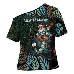 New Zealand Christmas Cross Shoulder Shirt Santa Riding Tui Bird Silver Fern