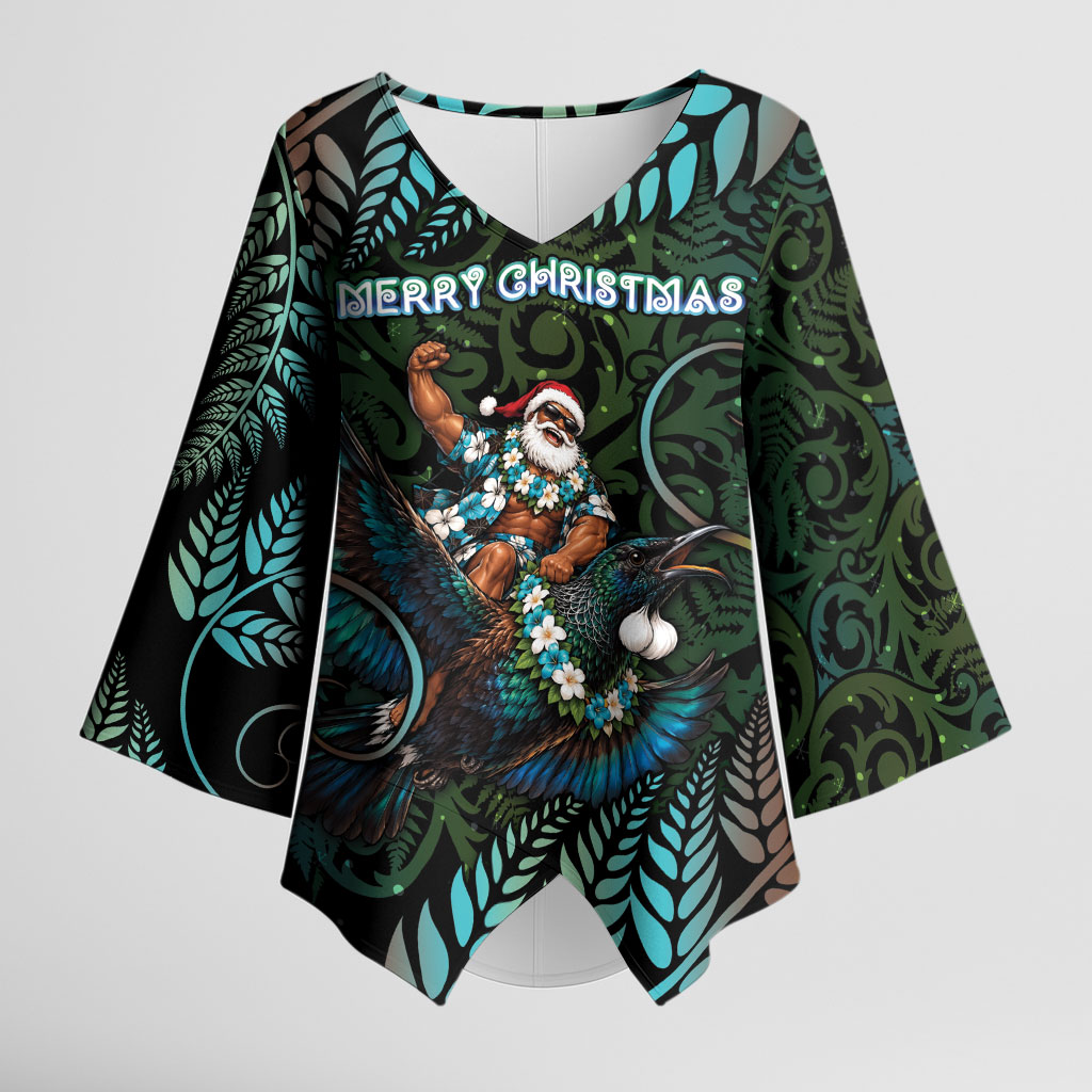 New Zealand Christmas Kimono Sleeve Blouse Santa Riding Tui Bird Silver Fern