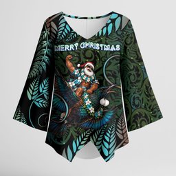 New Zealand Christmas Kimono Sleeve Blouse Santa Riding Tui Bird Silver Fern