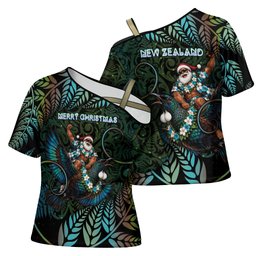 New Zealand Christmas Cross Shoulder Shirt Santa Riding Tui Bird Silver Fern