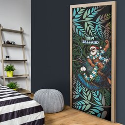 New Zealand Christmas Door Cover Santa Riding Tui Bird Silver Fern