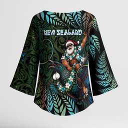 New Zealand Christmas Kimono Sleeve Blouse Santa Riding Tui Bird Silver Fern