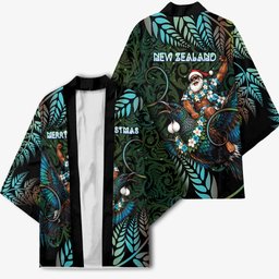 New Zealand Christmas Kimono Santa Riding Tui Bird Silver Fern