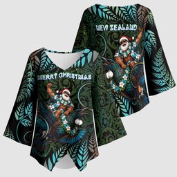 New Zealand Christmas Kimono Sleeve Blouse Santa Riding Tui Bird Silver Fern