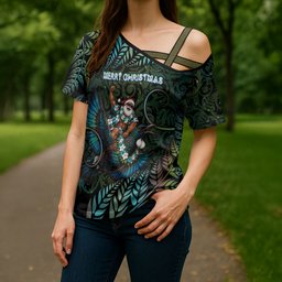 New Zealand Christmas Cross Shoulder Shirt Santa Riding Tui Bird Silver Fern