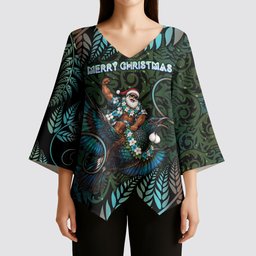 New Zealand Christmas Kimono Sleeve Blouse Santa Riding Tui Bird Silver Fern