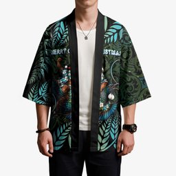 New Zealand Christmas Kimono Santa Riding Tui Bird Silver Fern