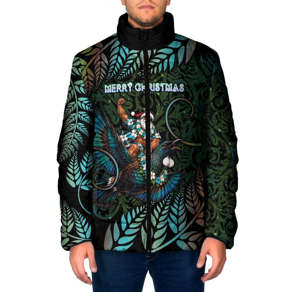 New Zealand Christmas Padded Jacket Santa Riding Tui Bird Silver Fern