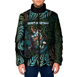 New Zealand Christmas Padded Jacket Santa Riding Tui Bird Silver Fern