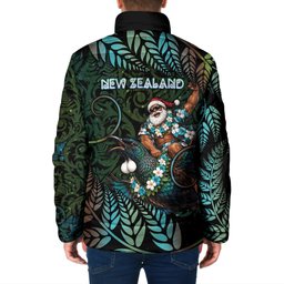New Zealand Christmas Padded Jacket Santa Riding Tui Bird Silver Fern