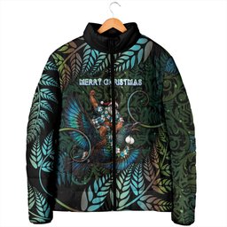 New Zealand Christmas Padded Jacket Santa Riding Tui Bird Silver Fern