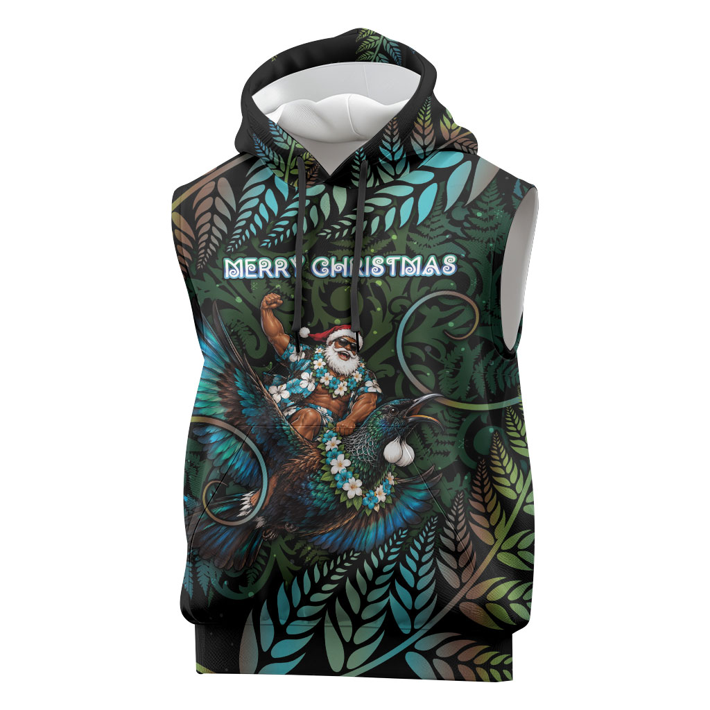 New Zealand Christmas Sleeveless Hoodie Santa Riding Tui Bird Silver Fern