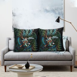 New Zealand Christmas Pillow Cover Santa Riding Tui Bird Silver Fern