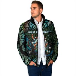 New Zealand Christmas Padded Jacket Santa Riding Tui Bird Silver Fern