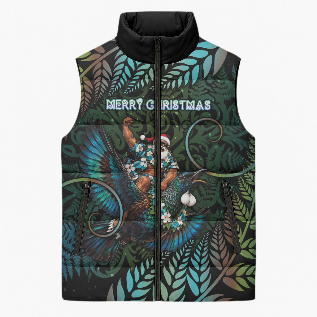 New Zealand Christmas Sleeveless Puffer Jacket Santa Riding Tui Bird Silver Fern
