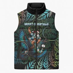 New Zealand Christmas Sleeveless Puffer Jacket Santa Riding Tui Bird Silver Fern